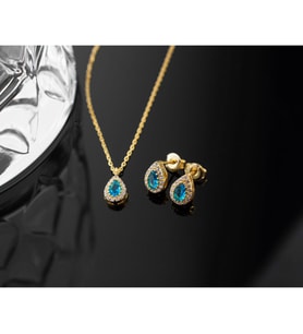 925 Ayar Gümüş Aralık Ayı Doğum Taşı ( Blue Topaz ) Kolye - Küpe Seti