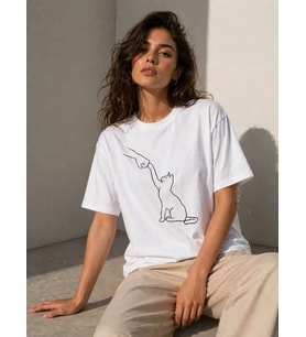 Minimal Kedi Çizim Baskılı Tişört Kısa Kol Yazlık T-Shirt - Beyaz