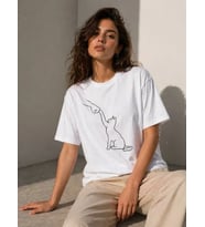 Minimal Kedi Çizim Baskılı Tişört Kısa Kol Yazlık T-Shirt - Beyaz