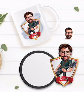 BK Gift Kişiye Özel Erkek Gitarist Karikatürlü Beyaz Kupa ve Ahşap Bardak Altlığı Hediye Seti-1