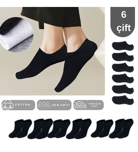 Unisex Düz Desen (6 ÇİFT) Pamuklu Beden Mevsimlik Terletmez Görünmez Çorap (Siyah)