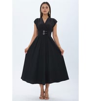 Neşeli butik kadın siyah bel çift toka detaylı cepli kruvaze yaka midi boy elbise NBMY4094