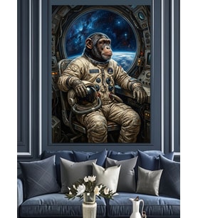 Uzayda Oturan Astronot Şempanze Tablo Dekoratif Kanvas - Mdf Ahşap Tablo