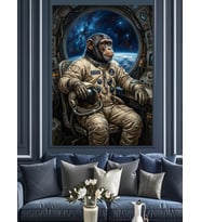 Uzayda Oturan Astronot Şempanze Tablo Dekoratif Kanvas - Mdf Ahşap Tablo