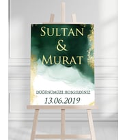 Söz Nişan Düğün İçin 50x70 Karşılama Panosu - Yeşil Altın Desenli