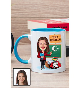 Kadın Tarih Öğretmenine Hediye Karikatürlü Mavi Kupa Bardak