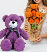 Premium Hediye Seti Kişiye Özel Peluş Ayıcık Buketi ve 50 cm Büyük Boy Mor Peluş Ayıcık