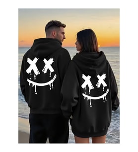 Nevermind Sevgili Çift Kombin Gülümseme Baskılı Renk Kapüşonlu Sweatshirt 2li Set Takım 3 İplik Pamuk (Siyah)