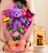 Renkli LED Işıklı Büyük Boy Peluş Ayıcık Buketi ve LED Işıklı Oturan Çift Biblolu Fanus Sevgiliye Hediye