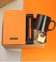Kişiye Özel Termo Deri Turuncu Defter & Kişiye Özel Turuncu Metal Roller Kalem & Kupa Bardak & Teashop Çay Hediye Seti