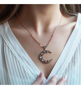 Elmas Montür Hilal Rose Gold Kaplama Gümüş Kolye