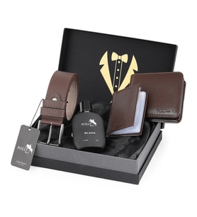 Polo Air Erkek Damat Bohçası Kutulu 4'lü Klasik Set Kemer, Cüzdan, Kartlık, Parfüm P-DMT-0012 (Kahverengi)