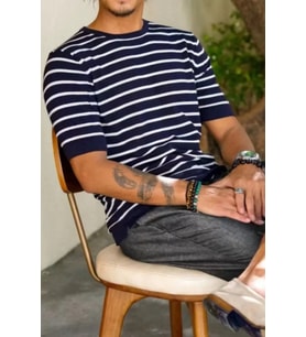 Erkek Kısa Kollu Fitilli Akrilik-Pamuk Karışımlı Triko T-Shirt