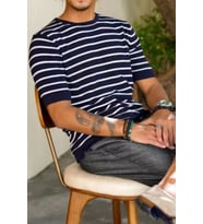 Erkek Kısa Kollu Fitilli Akrilik-Pamuk Karışımlı Triko T-Shirt