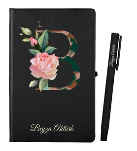 Harf Tasarımlı Kişiye Özel Hazırlanmış Siyah Defter ve Siyah Roller Kalem Seti