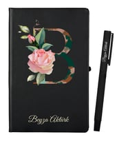 Harf Tasarımlı Kişiye Özel Hazırlanmış Siyah Defter ve Siyah Roller Kalem Seti