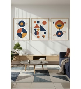 Geometrik Soyut Sanat 3’lü Ahşap Çerçeveli Tablo Seti - Modern Minimalist Dekor