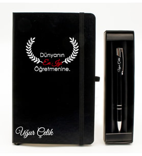 Öğretmenler Gününe Özel Tasarımlı Kişiye Özel Siyah Defter & Siyah Tükenmez Kalem Hediye Seti