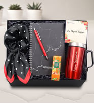 Kişiye Özel Mermer Desenli Defter & Gümüş Renk Detaylı Kırmızı Tükenmez Kalem & 280 ML Kulplu Kırmızı Çelik Termos & Kırmızı Siyah Renk Puantiyeli Fular & Eyüp Sabri Tuncer Mini Kolonya  Hediye Seti