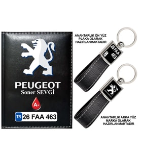 Plakanıza Özel Peugeot Logolu Siyah Ruhsat Kabı ve Anahtarlık