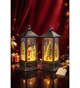 Yeni Yıl Noel Temalı 2 Li Set Işıklı Yılbaşı Feneri Kardan Adam Çam Ağacı Figürlü Fener Gri Set 14cm (Çok Renkli)
