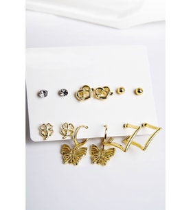 Kelebek Kalp ve Yonca Figürlü Gold Renkli Halka Tektaş ve Top Küpeli 6lı Unisex Küpe Seti