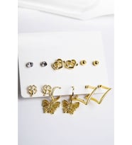 Kelebek Kalp ve Yonca Figürlü Gold Renkli Halka Tektaş ve Top Küpeli 6lı Unisex Küpe Seti