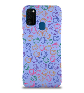 Samsung Galaxy M21 Uyumlu Lansman Kılıf Hello Kitty Tasarımlı İçi Kadife Kapak-Lila (Şeffaf)