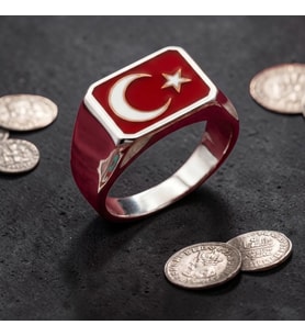925 Ayar Gümüş Türk Bayrağı Ay Yıldızlı Kırmızı Mineli Erkek Yüzük