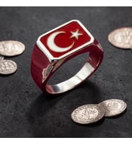 925 Ayar Gümüş Türk Bayrağı Ay Yıldızlı Kırmızı Mineli Erkek Yüzük