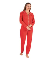 Estiva Puantiye Desen Boydan Düğmeli Süet Bayan Pijama Takım (Kırmızı)