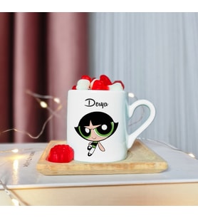 Power Puff Girls Buttercup Tasarımlı Ahşap Tabaklı Kişiye Özel Türk Kahvesi Fincanı