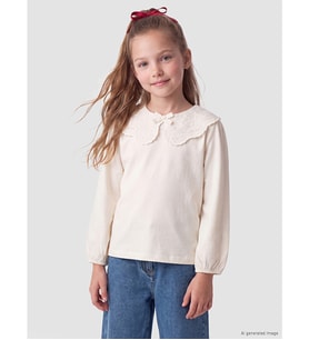 LCW Kids Ekru Bebe Yaka Nakışlı Uzun Kollu Kız Çocuk Tişört