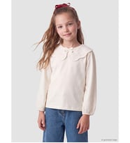 LCW Kids Ekru Bebe Yaka Nakışlı Uzun Kollu Kız Çocuk Tişört