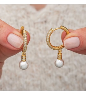 Gümüş Zirkon Taşlı Gold Halka İnci Küpe