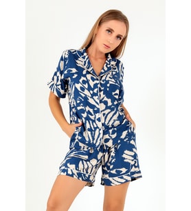 DoReMi Blue Patterned Kısa Kollu Kadın Şortlu Pijama Takım (Mavi)