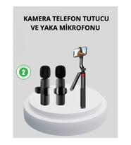 Mey İthalat® Kablosuz Çift Yaka Mikrofonu ve Tripodlu Selfie Çubuğu İçerik Üretici Seti