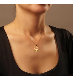 Kişiye Özel 925 Ayar Gümüş Kalp Detaylı Minimal Ev Kolye (Gold)