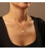 Kişiye Özel 925 Ayar Gümüş Kalp Detaylı Minimal Ev Kolye (Gold)