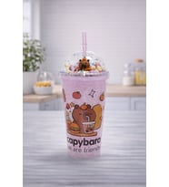 Capybara Desenli Pipetli Soğuk İçecek Bardağı Şeffaf Kapaklı Straw Cup Sevimli Tumbler Bardak (Yeşil-Krem)