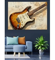 Gitar Ve Notalar Sanat Dekoratif Kanvas - Mdf Ahşap Tablo