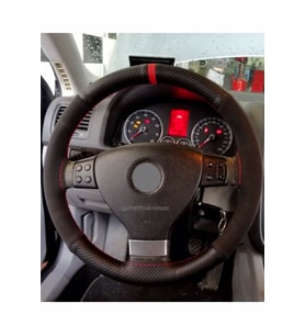 Vw Caddy Uyumlu 2004 2020 Alkantara-karbon Kırmızı Yüzüklü Direksiyon Kılıfı