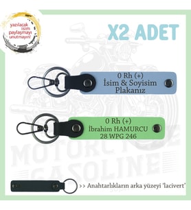 Biker Dostlarına, İsim Plaka ve 0 Rh (+) Kan Grubu Yazılı, Motor 2'li Anahtarlık, Mavi-F Yeşil-Laci (Çok Renkli)