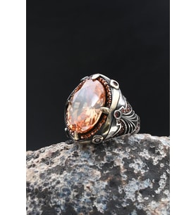 925 Ayar Gümüş Erkek Yüzük Şampanya Topaz Taşlı Zirkon Taş Süslemeli 902010