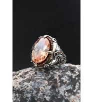 925 Ayar Gümüş Erkek Yüzük Şampanya Topaz Taşlı Zirkon Taş Süslemeli 902010