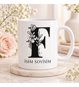 Kişiye Özel Baş Harf ve İsim Yazılı Çiçek Motifli F Harfli Seramik Kupa Bardak