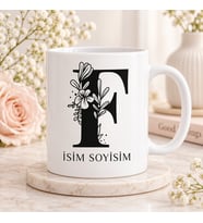Kişiye Özel Baş Harf ve İsim Yazılı Çiçek Motifli F Harfli Seramik Kupa Bardak