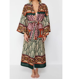 Moda Dokuma Regular Kalıp Regular V Yaka Standart Kol Flamlı Pamuk Basic Etnik Desen Kimono Kaftan (Çok Renkli)