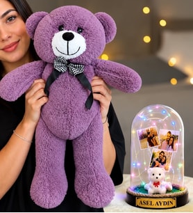 Kişiye Özel 3 Fotoğraflı Renkli LED Işıklı Fanus(beyaz ayıcıklı) ve 50 cm Büyük Mor Peluş Ayıcık
