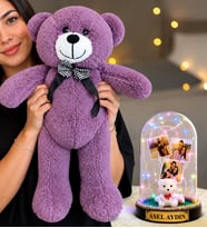 Kişiye Özel 3 Fotoğraflı Renkli LED Işıklı Fanus(beyaz ayıcıklı) ve 50 cm Büyük Mor Peluş Ayıcık